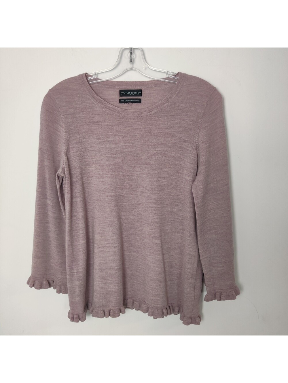 Cynthia Rowley 100% Extrafine Merino Wool Mauve Dusty Pink Ruffle Hem Sweater